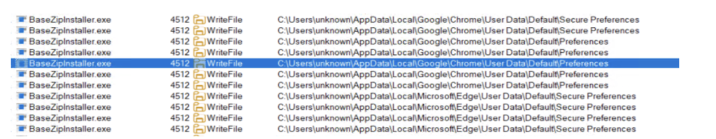 Figure 4. Procmon logs showing BaseZipInstaller (malicious web installer) writing into chrome and edge secure preference files 